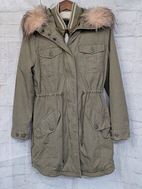 American Eagle Sherpa Lined Utility Parka Jacket Olive Green Pink Faux Fur Small